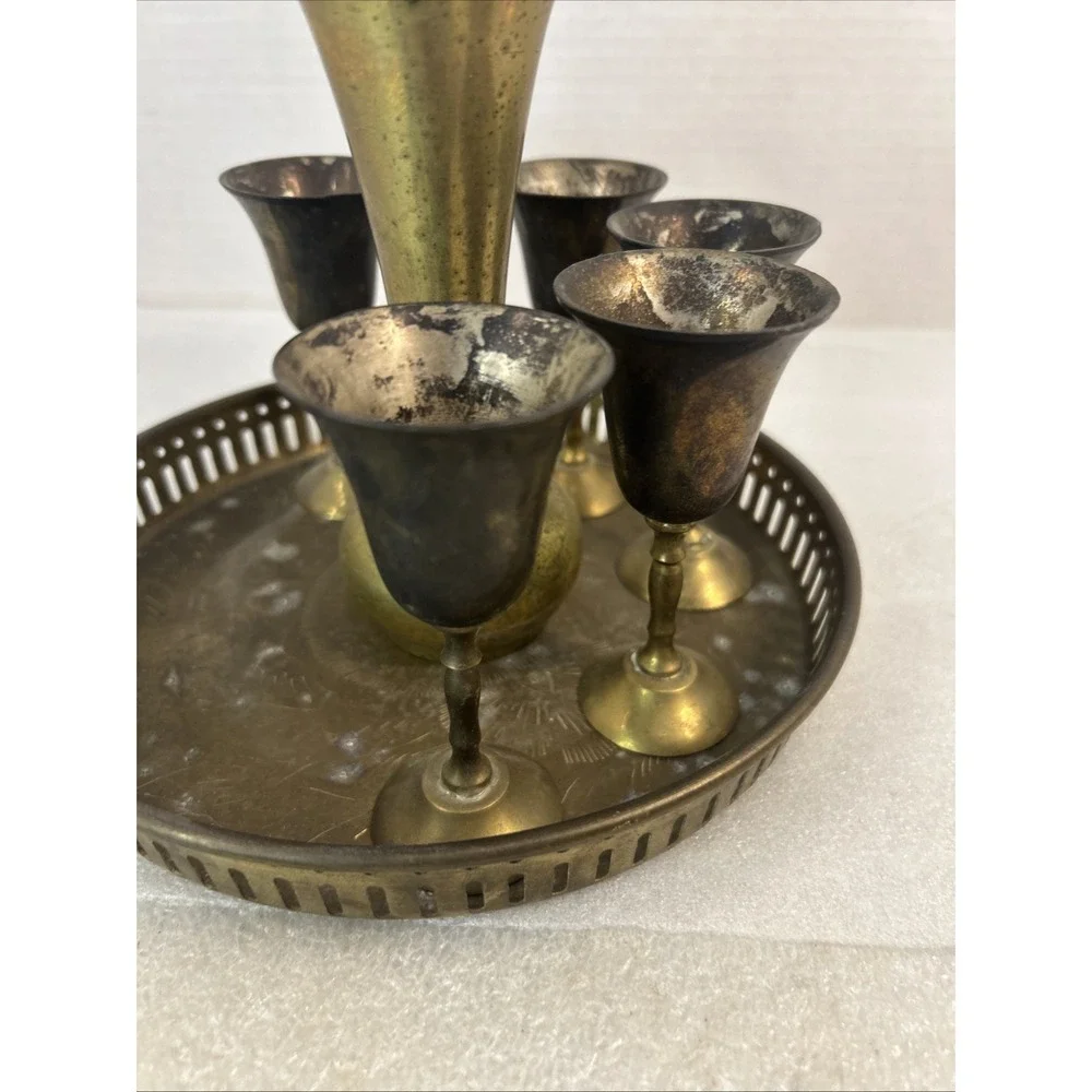Set of 5 Vintage Brass Cordial Glasses Goblets Made In India With Tray Read